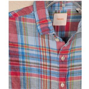 SWIMS Mens Medium Plaid Linen Button Up‎ Shirt Casual Lightweight